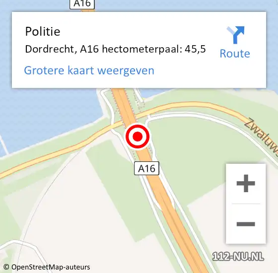 Locatie op kaart van de 112 melding: Politie Dordrecht, A16 hectometerpaal: 45,5 op 31 augustus 2022 16:32