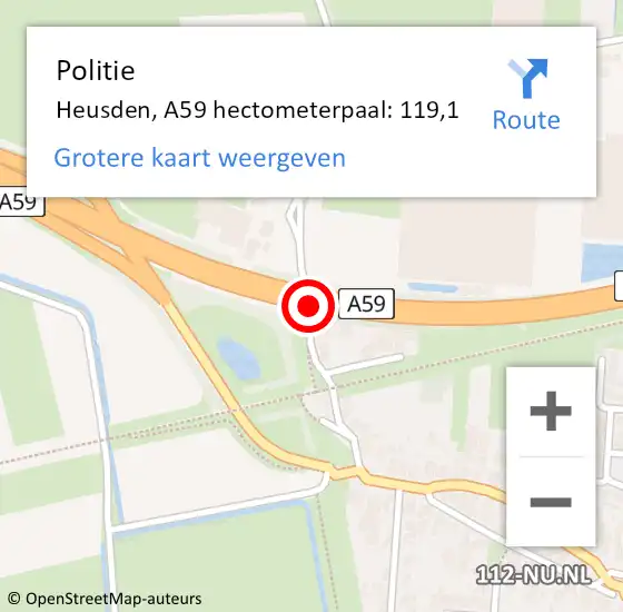 Locatie op kaart van de 112 melding: Politie Heusden, A59 hectometerpaal: 119,1 op 31 augustus 2022 18:48