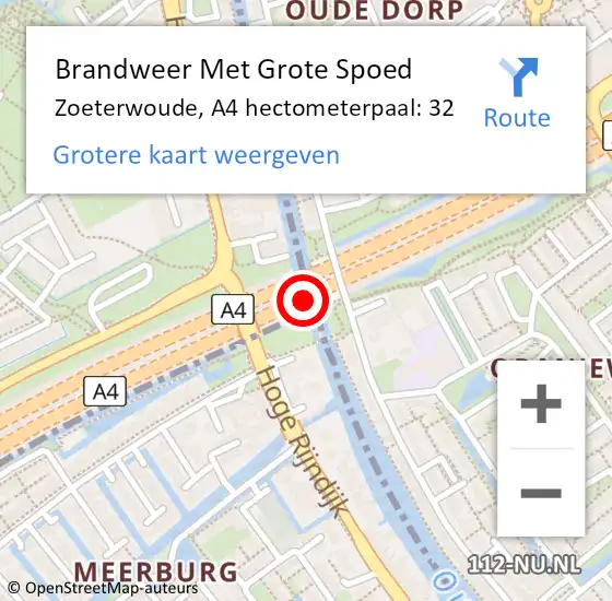 Locatie op kaart van de 112 melding: Brandweer Met Grote Spoed Naar Zoeterwoude, A4 hectometerpaal: 32 op 31 augustus 2022 20:52