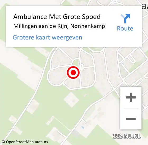 Locatie op kaart van de 112 melding: Ambulance Met Grote Spoed Naar Millingen aan de Rijn, Nonnenkamp op 31 augustus 2022 21:16