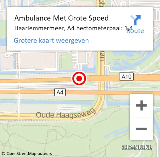 Locatie op kaart van de 112 melding: Ambulance Met Grote Spoed Naar Haarlemmermeer, A4 hectometerpaal: 1,4 op 31 augustus 2022 22:27