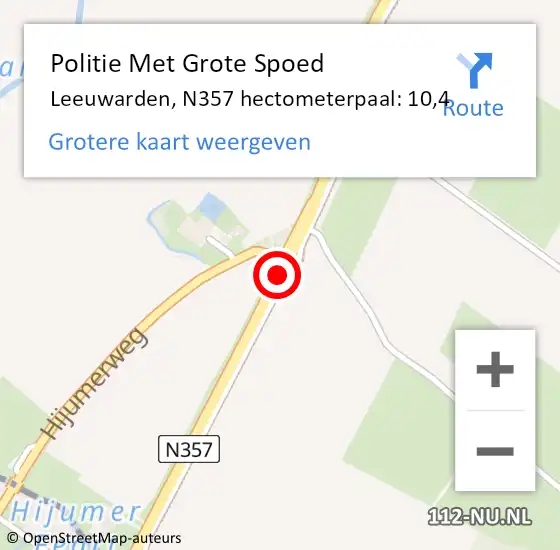 Locatie op kaart van de 112 melding: Politie Met Grote Spoed Naar Leeuwarden, N357 hectometerpaal: 10,4 op 1 september 2022 00:28
