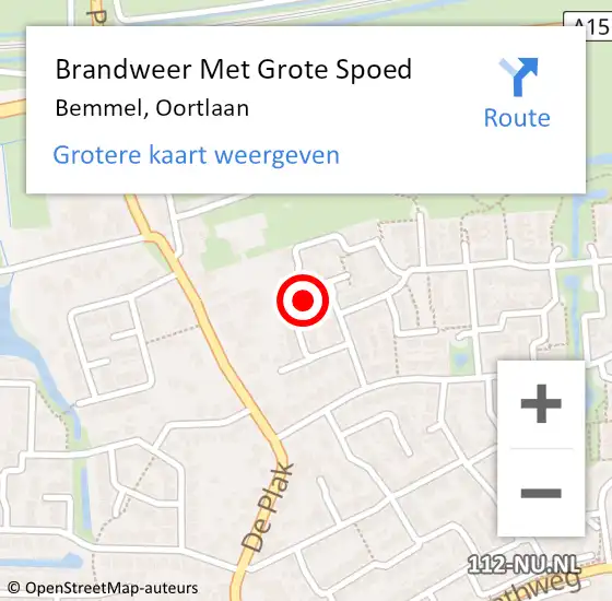 Locatie op kaart van de 112 melding: Brandweer Met Grote Spoed Naar Bemmel, Oortlaan op 1 september 2022 00:32