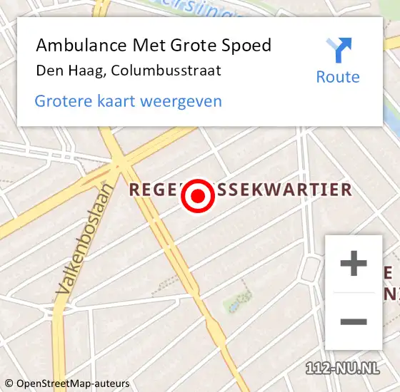 Locatie op kaart van de 112 melding: Ambulance Met Grote Spoed Naar Den Haag, Columbusstraat op 1 september 2022 01:42