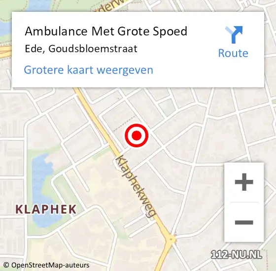 Locatie op kaart van de 112 melding: Ambulance Met Grote Spoed Naar Ede, Goudsbloemstraat op 1 september 2022 04:28