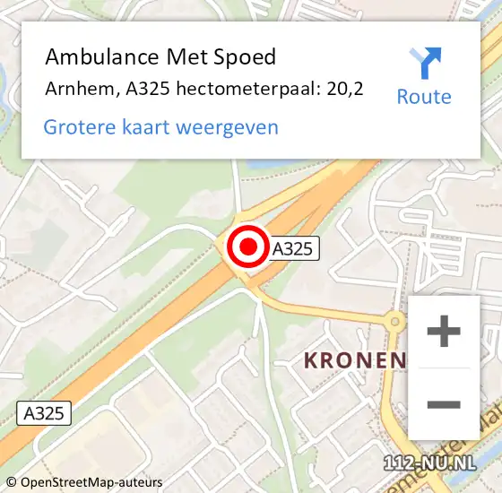 Locatie op kaart van de 112 melding: Ambulance Met Spoed Naar Arnhem, A325 hectometerpaal: 20,2 op 1 september 2022 07:23