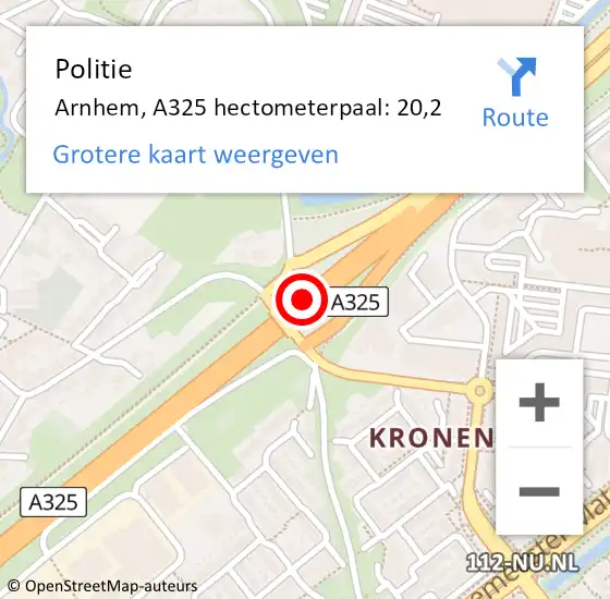 Locatie op kaart van de 112 melding: Politie Arnhem, A325 hectometerpaal: 20,2 op 1 september 2022 07:24