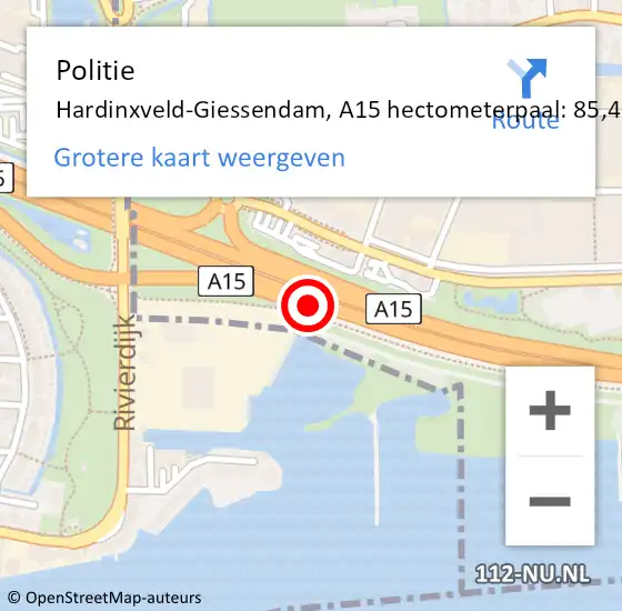 Locatie op kaart van de 112 melding: Politie Hardinxveld-Giessendam, A15 hectometerpaal: 85,4 op 1 september 2022 09:06