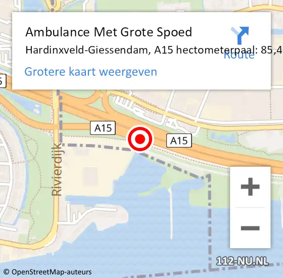 Locatie op kaart van de 112 melding: Ambulance Met Grote Spoed Naar Hardinxveld-Giessendam, A15 hectometerpaal: 85,4 op 1 september 2022 09:06