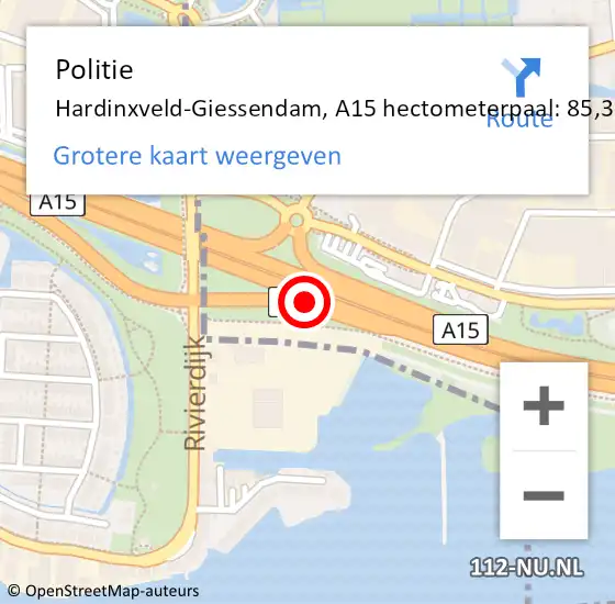 Locatie op kaart van de 112 melding: Politie Hardinxveld-Giessendam, A15 hectometerpaal: 85,3 op 1 september 2022 09:07