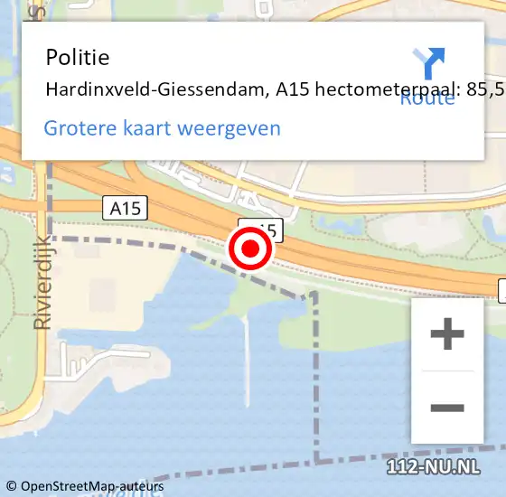 Locatie op kaart van de 112 melding: Politie Hardinxveld-Giessendam, A15 hectometerpaal: 85,5 op 1 september 2022 09:08