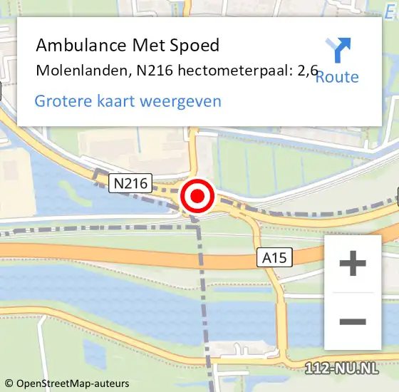 Locatie op kaart van de 112 melding: Ambulance Met Spoed Naar Molenlanden, N216 hectometerpaal: 2,6 op 1 september 2022 10:22