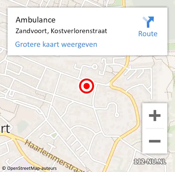 Locatie op kaart van de 112 melding: Ambulance Zandvoort, Kostverlorenstraat op 1 september 2022 10:23