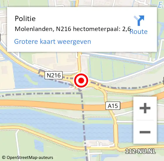 Locatie op kaart van de 112 melding: Politie Molenlanden, N216 hectometerpaal: 2,6 op 1 september 2022 10:27