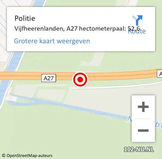 Locatie op kaart van de 112 melding: Politie Vijfheerenlanden, A27 hectometerpaal: 52,6 op 1 september 2022 11:52