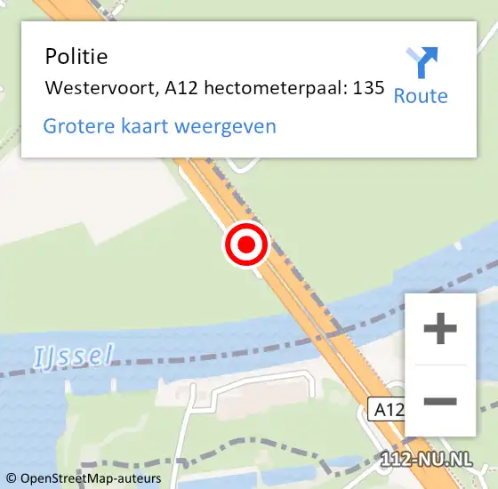 Locatie op kaart van de 112 melding: Politie Westervoort, A12 hectometerpaal: 135 op 1 september 2022 12:17