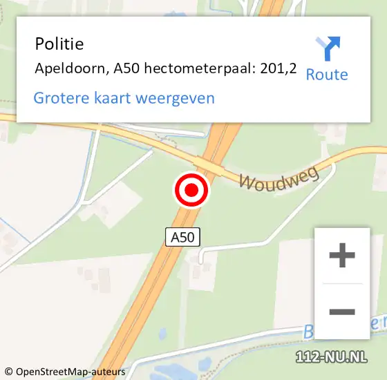 Locatie op kaart van de 112 melding: Politie Apeldoorn, A50 hectometerpaal: 201,2 op 1 september 2022 13:44