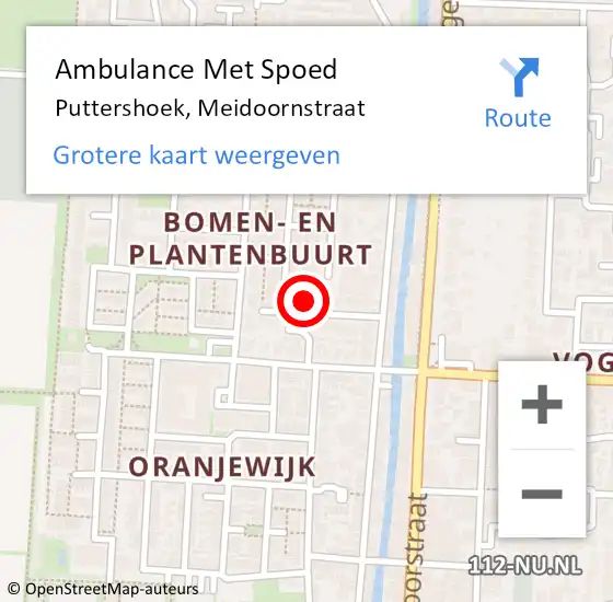 Locatie op kaart van de 112 melding: Ambulance Met Spoed Naar Puttershoek, Meidoornstraat op 1 september 2022 13:47