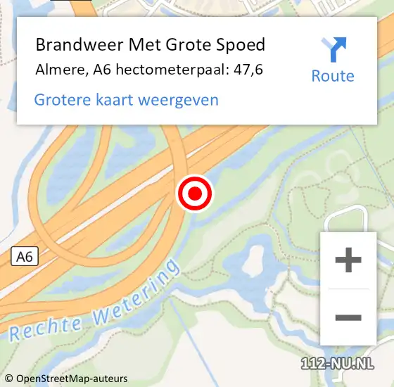 Locatie op kaart van de 112 melding: Brandweer Met Grote Spoed Naar Almere, A6 hectometerpaal: 47,6 op 1 september 2022 14:38