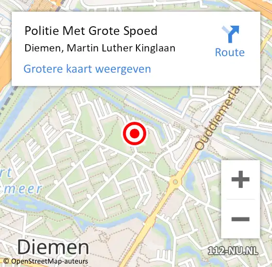 Locatie op kaart van de 112 melding: Politie Met Grote Spoed Naar Diemen, Martin Luther Kinglaan op 1 september 2022 14:40