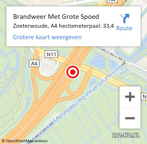 Locatie op kaart van de 112 melding: Brandweer Met Grote Spoed Naar Zoeterwoude, A4 hectometerpaal: 33,4 op 1 september 2022 14:59