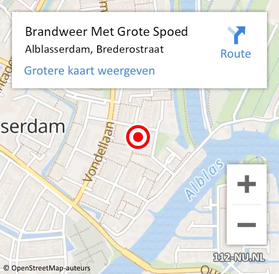 Locatie op kaart van de 112 melding: Brandweer Met Grote Spoed Naar Alblasserdam, Brederostraat op 1 september 2022 15:09