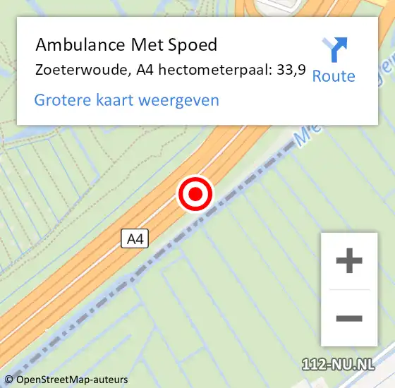 Locatie op kaart van de 112 melding: Ambulance Met Spoed Naar Zoeterwoude, A4 hectometerpaal: 33,9 op 1 september 2022 15:30