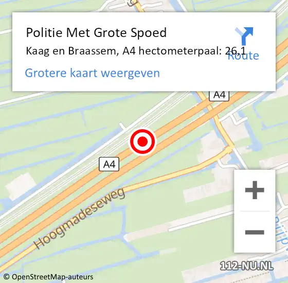 Locatie op kaart van de 112 melding: Politie Met Grote Spoed Naar Kaag en Braassem, A4 hectometerpaal: 26,1 op 1 september 2022 15:38