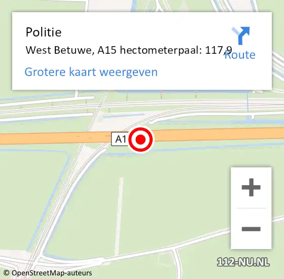 Locatie op kaart van de 112 melding: Politie West Betuwe, A15 hectometerpaal: 117,9 op 1 september 2022 15:39