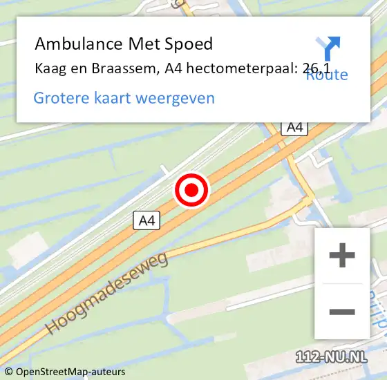 Locatie op kaart van de 112 melding: Ambulance Met Spoed Naar Kaag en Braassem, A4 hectometerpaal: 26,1 op 1 september 2022 15:49