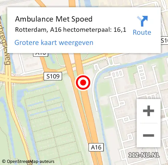 Locatie op kaart van de 112 melding: Ambulance Met Spoed Naar Rotterdam, A16 hectometerpaal: 16,1 op 1 september 2022 16:15