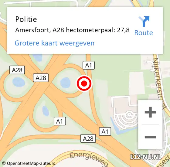 Locatie op kaart van de 112 melding: Politie Amersfoort, A28 hectometerpaal: 27,8 op 1 september 2022 16:25