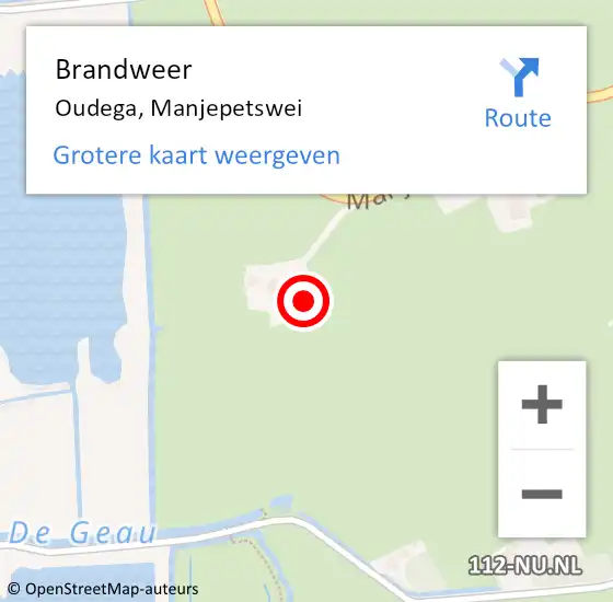 Locatie op kaart van de 112 melding: Brandweer Oudega, Manjepetswei op 1 september 2022 16:32