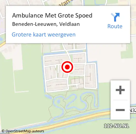 Locatie op kaart van de 112 melding: Ambulance Met Grote Spoed Naar Beneden-Leeuwen, Veldlaan op 1 september 2022 16:43