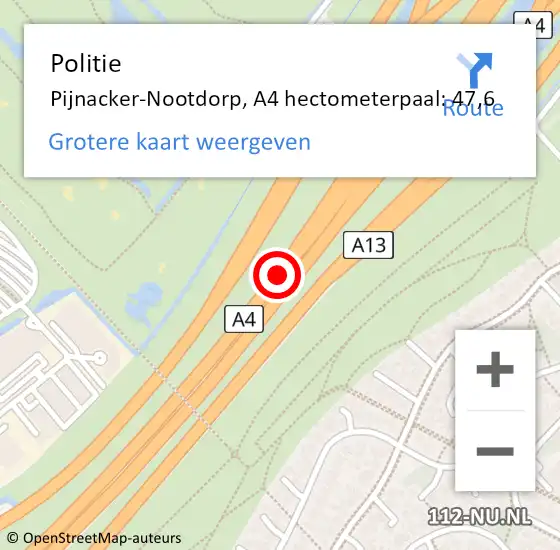 Locatie op kaart van de 112 melding: Politie Den Haag, A4 hectometerpaal: 47,6 op 1 september 2022 17:33