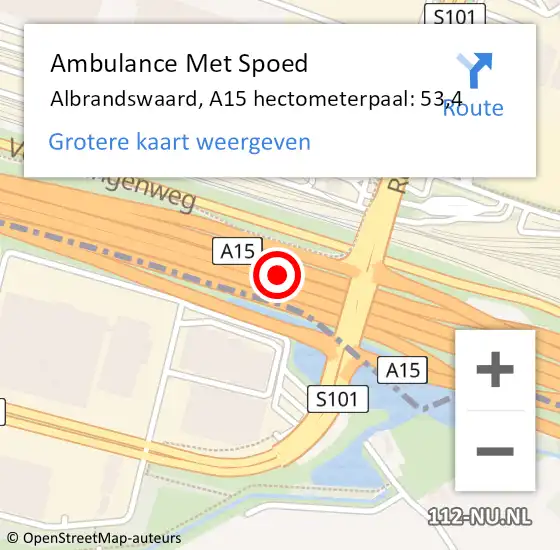 Locatie op kaart van de 112 melding: Ambulance Met Spoed Naar Albrandswaard, A15 hectometerpaal: 53,4 op 1 september 2022 18:03