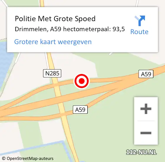 Locatie op kaart van de 112 melding: Politie Met Grote Spoed Naar Drimmelen, A59 hectometerpaal: 93,5 op 1 september 2022 18:15