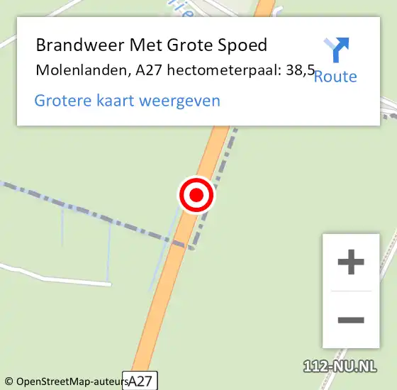 Locatie op kaart van de 112 melding: Brandweer Met Grote Spoed Naar Molenlanden, A27 hectometerpaal: 38,5 op 1 september 2022 18:33