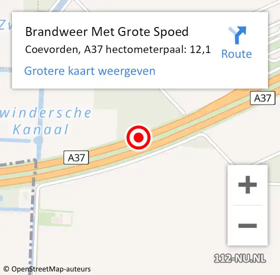 Locatie op kaart van de 112 melding: Brandweer Met Grote Spoed Naar Coevorden, A37 hectometerpaal: 12,1 op 1 september 2022 19:51
