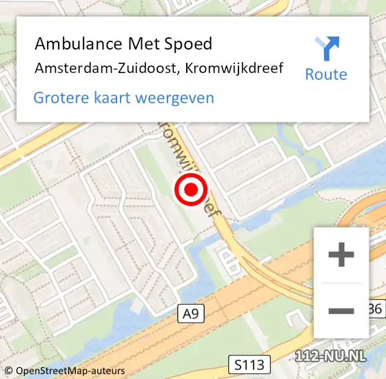 Locatie op kaart van de 112 melding: Ambulance Met Spoed Naar Amsterdam-Zuidoost, Kromwijkdreef op 1 september 2022 20:31