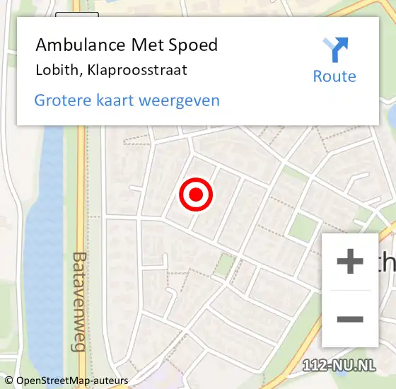 Locatie op kaart van de 112 melding: Ambulance Met Spoed Naar Lobith, Klaproosstraat op 1 september 2022 20:56