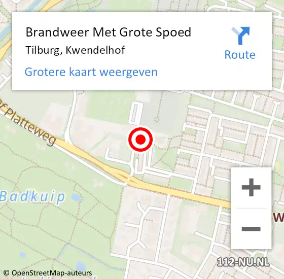 Locatie op kaart van de 112 melding: Brandweer Met Grote Spoed Naar Tilburg, Kwendelhof op 1 september 2022 21:39