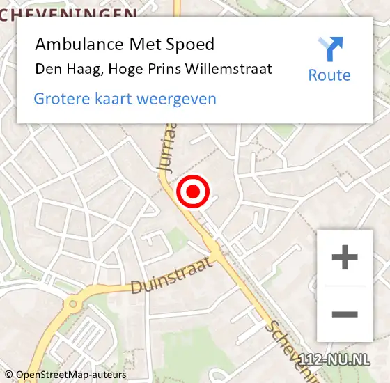 Locatie op kaart van de 112 melding: Ambulance Met Spoed Naar Den Haag, Hoge Prins Willemstraat op 1 september 2022 22:46