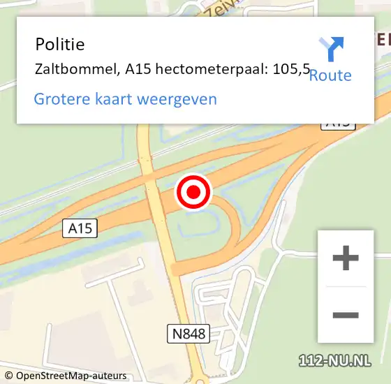Locatie op kaart van de 112 melding: Politie Zaltbommel, A15 hectometerpaal: 105,5 op 2 september 2022 00:18