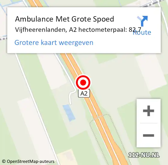 Locatie op kaart van de 112 melding: Ambulance Met Grote Spoed Naar Vijfheerenlanden, A2 hectometerpaal: 82,7 op 2 september 2022 07:47