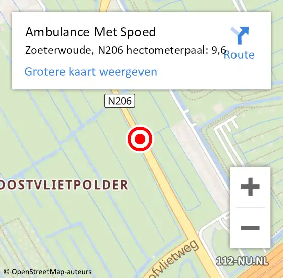 Locatie op kaart van de 112 melding: Ambulance Met Spoed Naar Zoeterwoude, N206 hectometerpaal: 9,6 op 2 september 2022 08:43