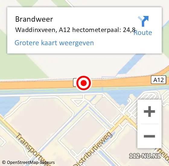 Locatie op kaart van de 112 melding: Brandweer Waddinxveen, A12 hectometerpaal: 24,8 op 2 september 2022 09:45