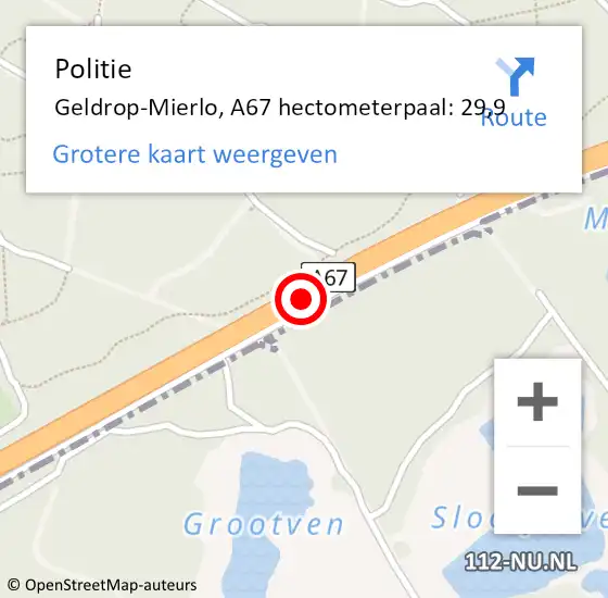 Locatie op kaart van de 112 melding: Politie Geldrop-Mierlo, A67 hectometerpaal: 29,9 op 2 september 2022 10:05