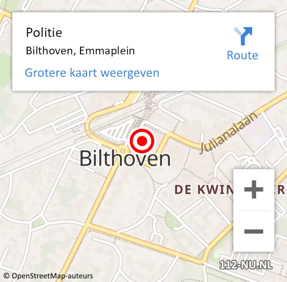 Locatie op kaart van de 112 melding: Politie Bilthoven, Emmaplein op 2 september 2022 10:51