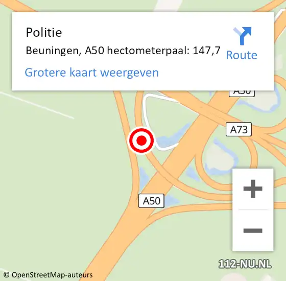Locatie op kaart van de 112 melding: Politie Beuningen, A50 hectometerpaal: 147,7 op 2 september 2022 11:11